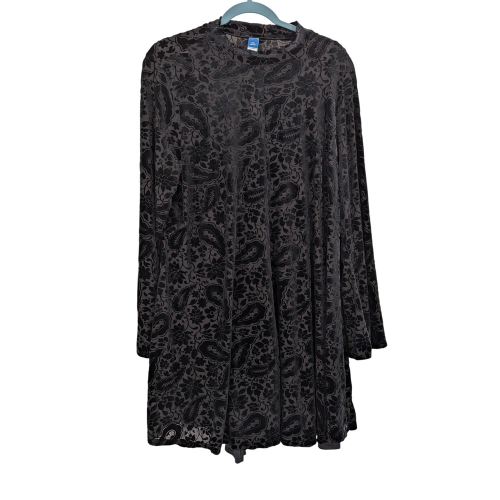 Whimsigoth Boho Black Velvet Burnout Paisley Bell Sleeve 2XL Petite Mini Dress